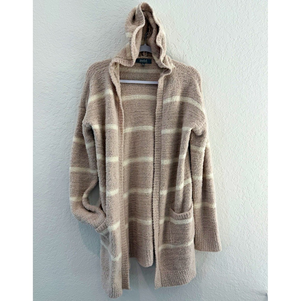 Marled Women's Striped Hooded Open Front Knit Cardigan Sweater M Pockets